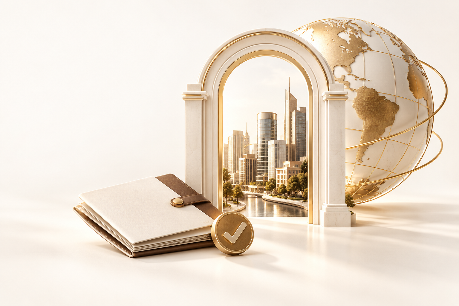 Illustration of a gateway to a business district, a globe, and organised company documents