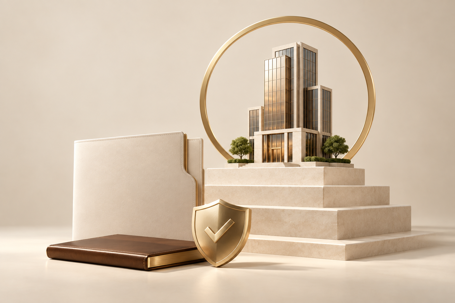 Sculptural business tower, documents and a shield arranged along ascending steps