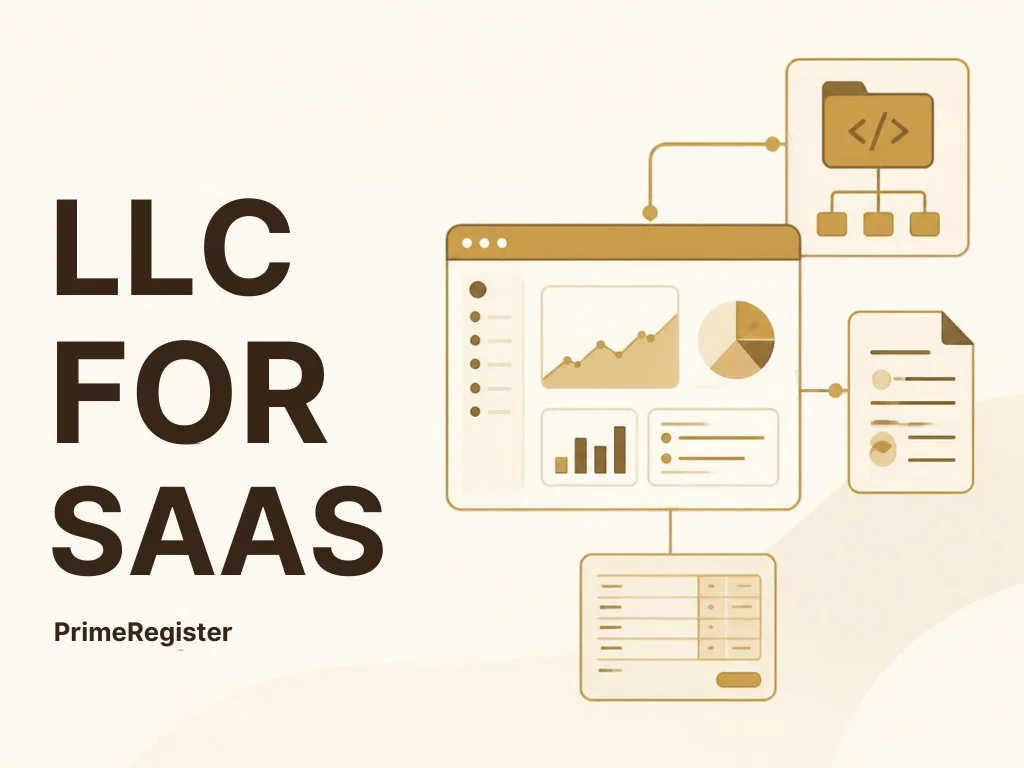 A software dashboard linked to a code repository, founder agreement and subscription ledger without brand logos.