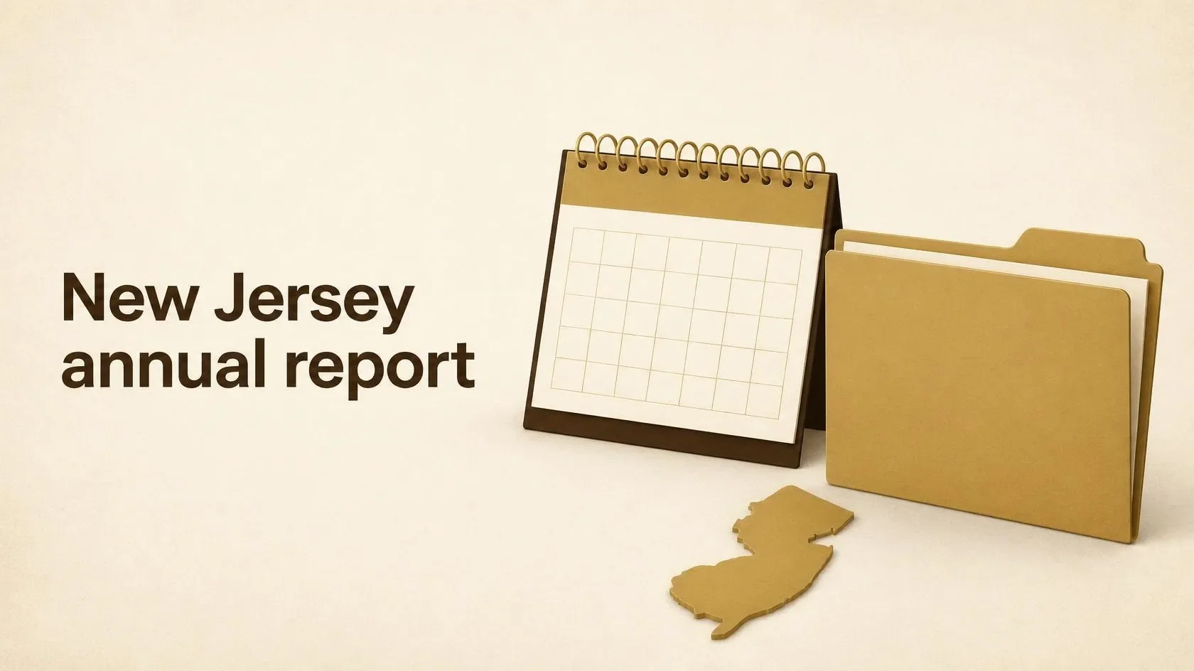 Illustrated calendar and business folder beside a New Jersey map outline.