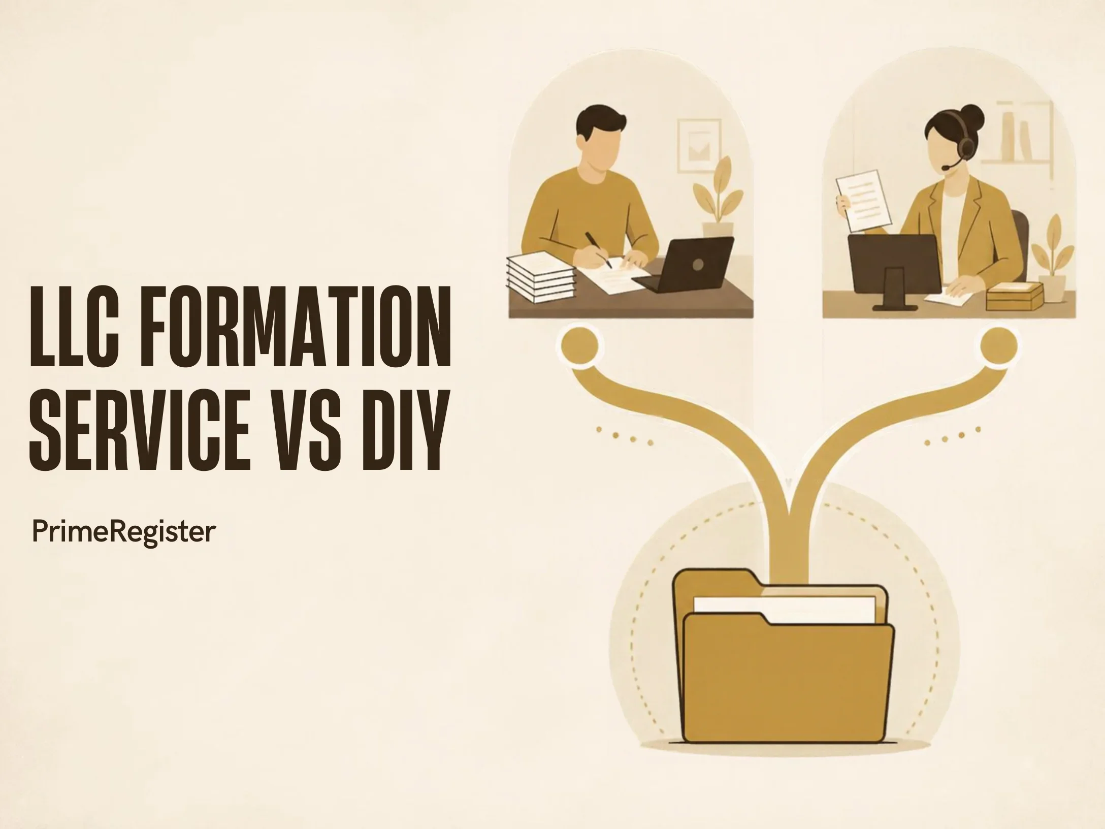 Two balanced paths leading to a company folder, one with a person preparing documents and one with administrative support.