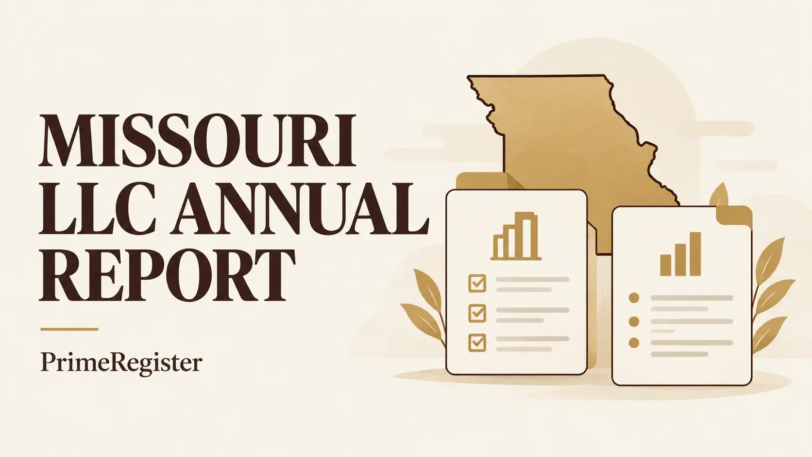 Two clearly separated document cards for LLC records and corporate reports beside a Missouri outline.