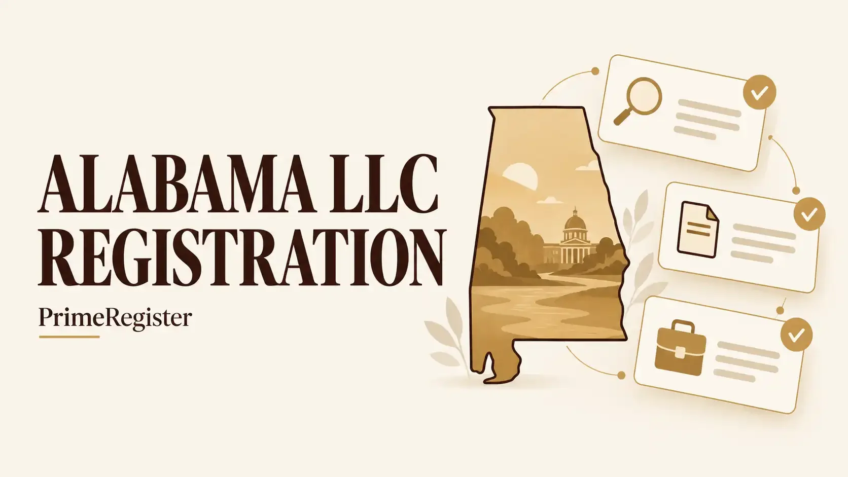 An Alabama outline with name reservation, formation approval and business setup cards.