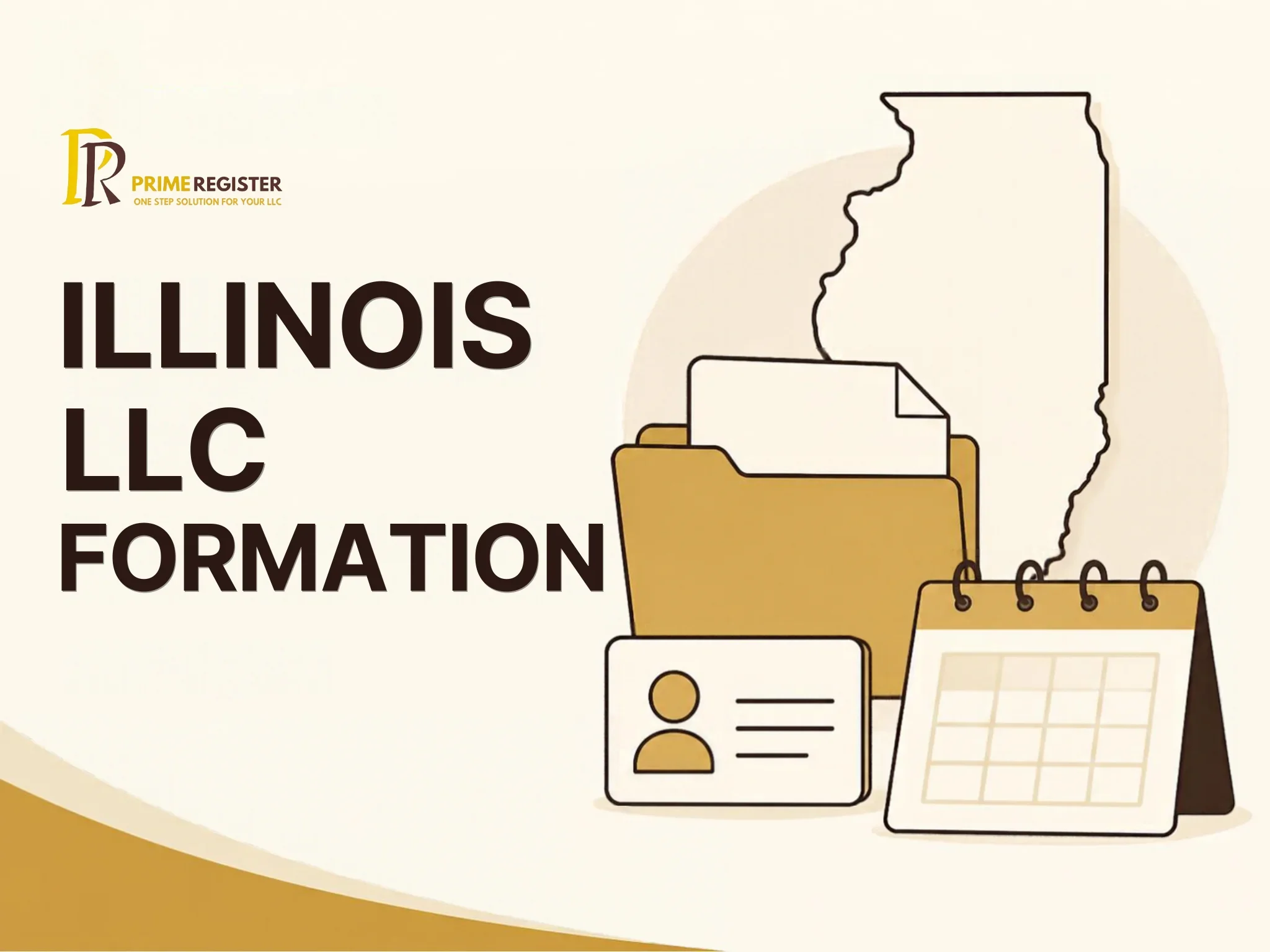 Illinois outline with an ordinary LLC filing folder, agent contact card and annual report calendar.