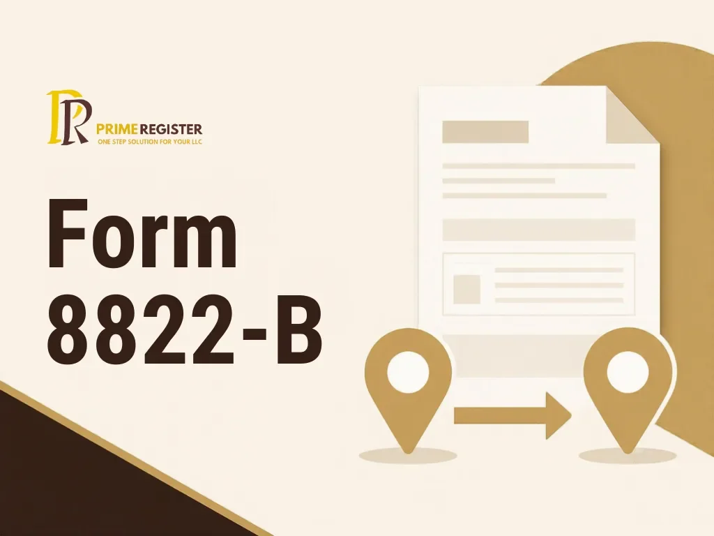 Two address pins joined by a gold arrow beside an abstract blank tax document.
