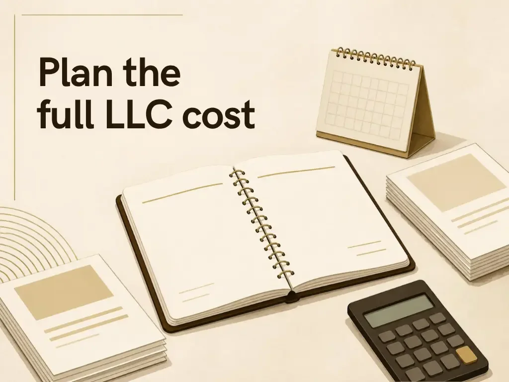 Budget notebook, calculator, document stacks and a calendar representing LLC setup and recurring costs.
