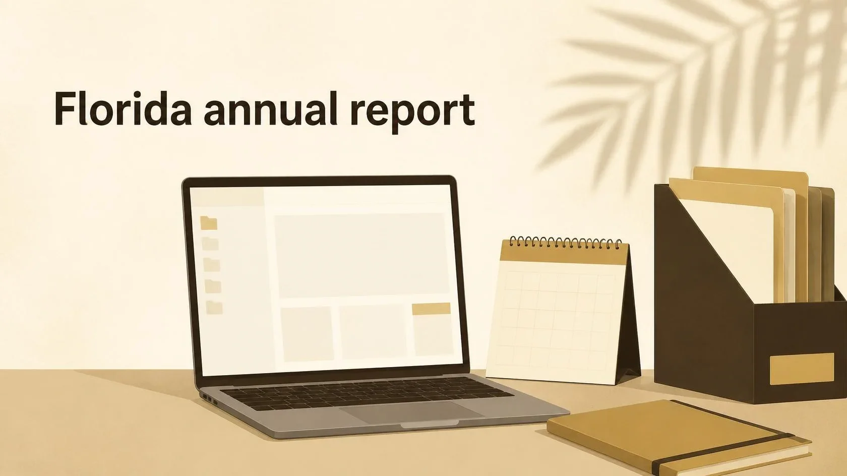 Laptop, calendar and business folder representing an online Florida LLC annual-report filing.