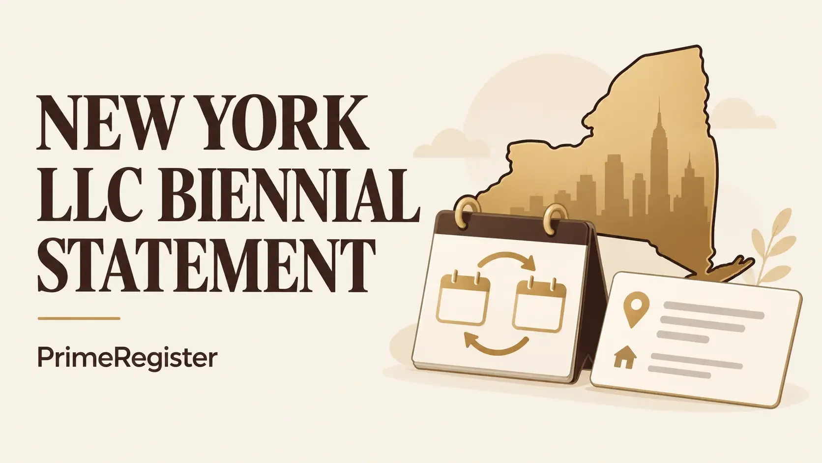 A New York outline beside a calendar showing a two-year cycle and an address card.