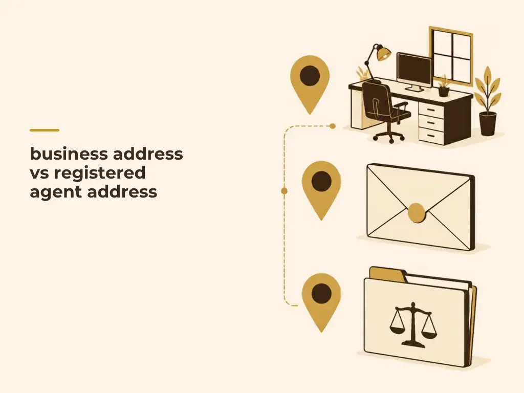 Three separate location pins beside a home office, envelope and legal folder.