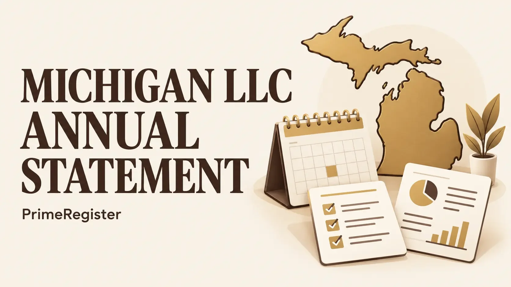 A Michigan outline beside a February calendar and two different company filing cards.
