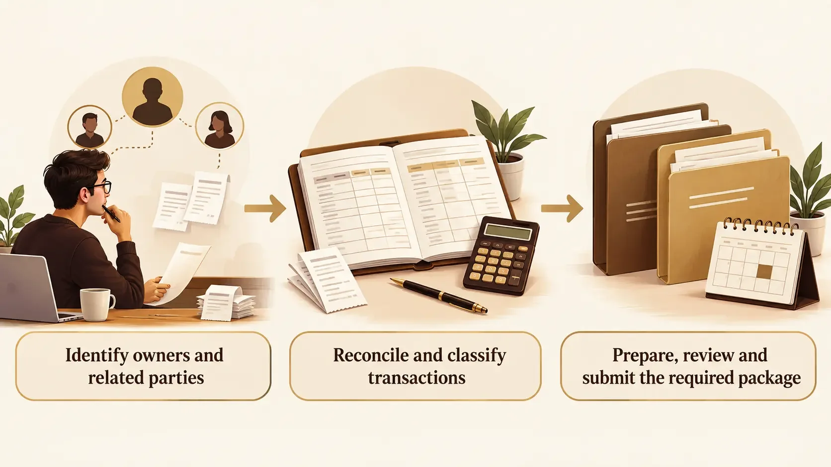 Reporting preparation sequence: identify owners and related parties, reconcile transactions, then prepare and submit the required package.