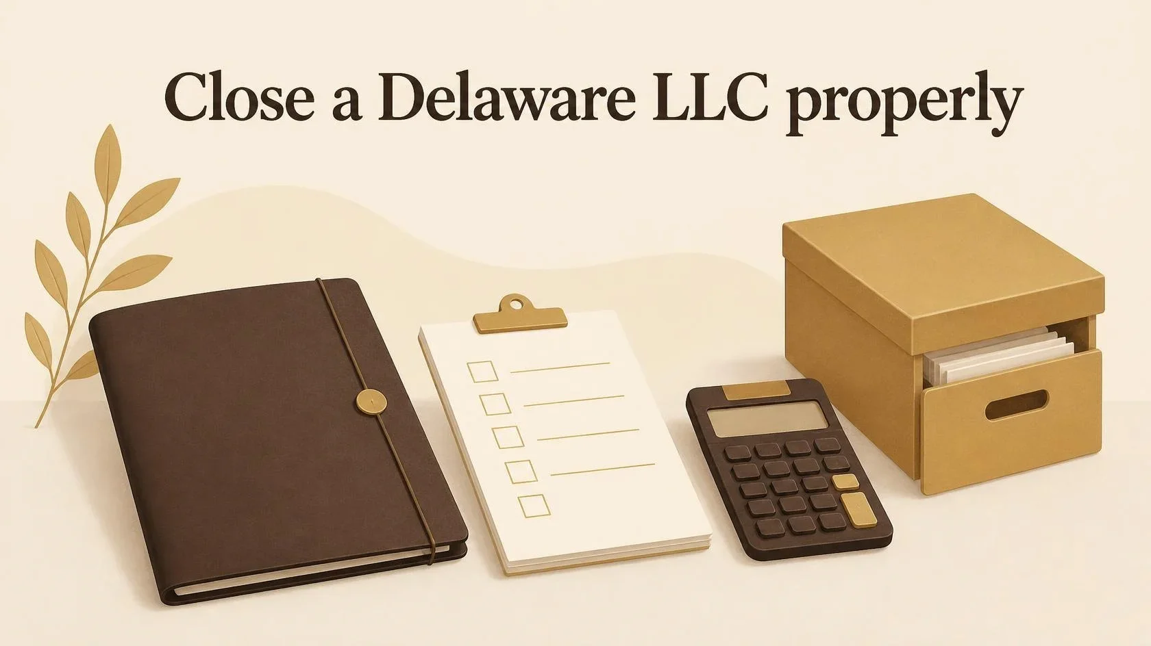 Company folder, checklist and archive box illustrating an orderly LLC closure.