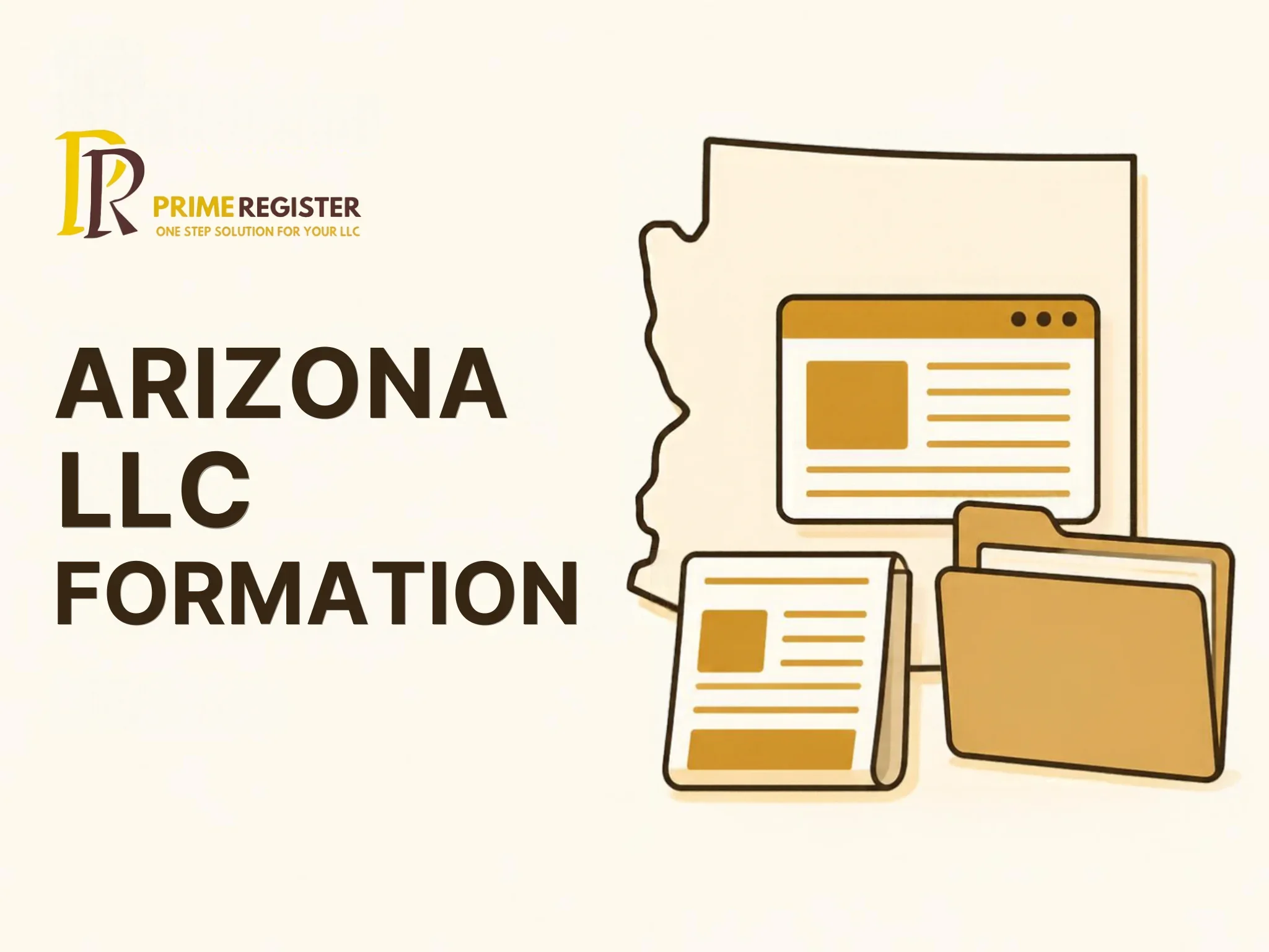 Arizona outline with two publication routes, one website notice and one newspaper, beside an agent folder.