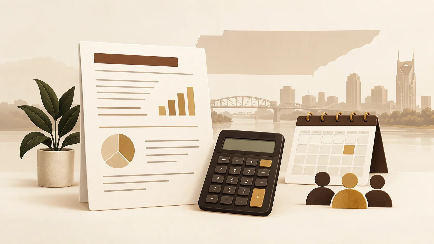 Company report and calculator beside owner icons and a calendar, illustrating Tennessee’s member-based annual fee.