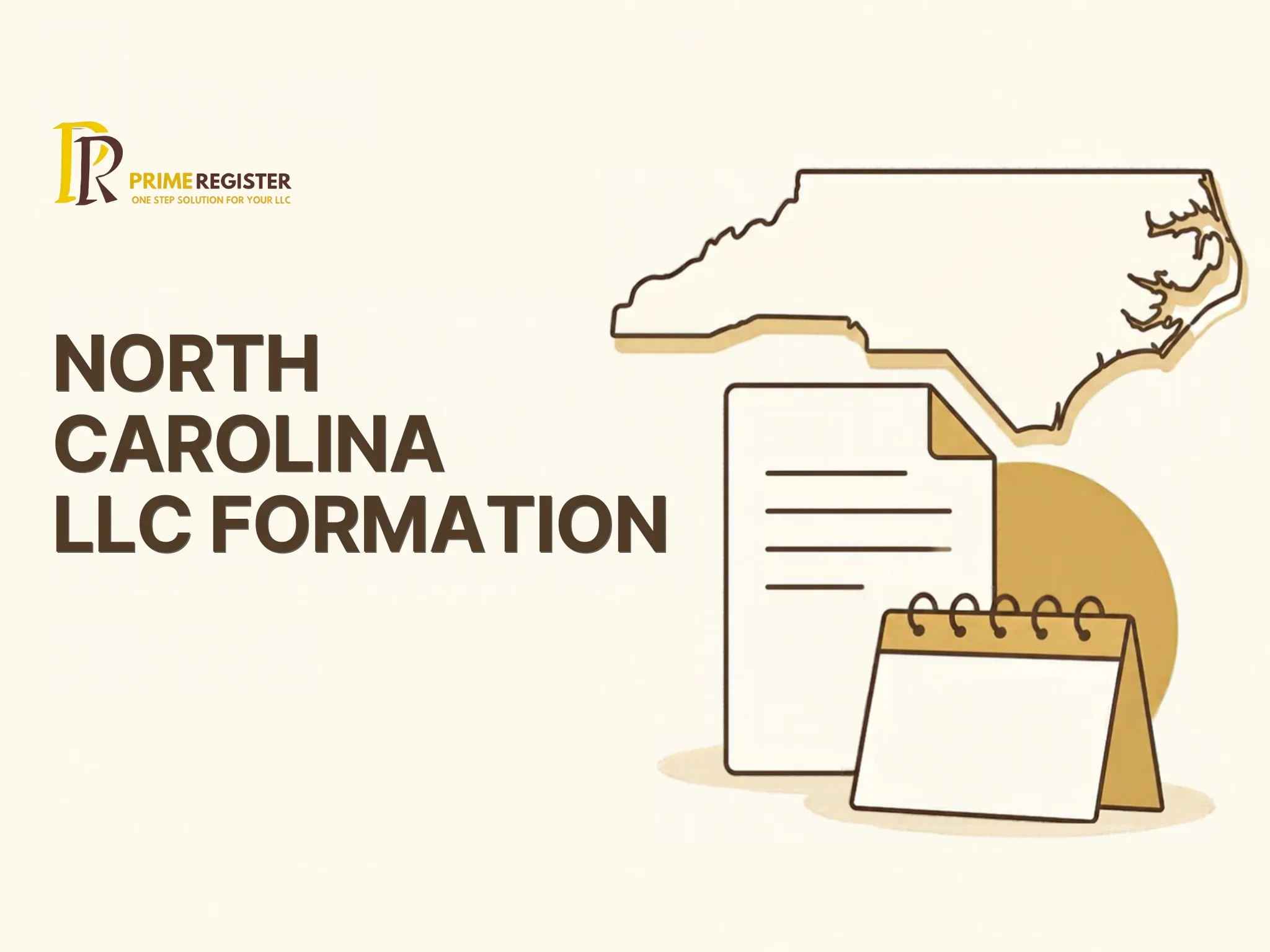 North Carolina outline beside a formation document and an April calendar card.