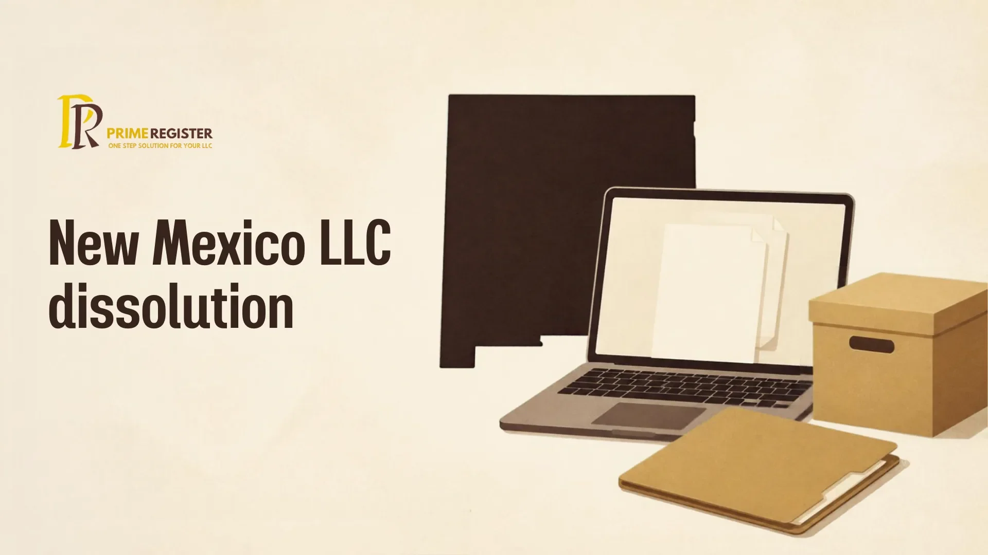 New Mexico map outline beside a laptop, company folder and archive box.