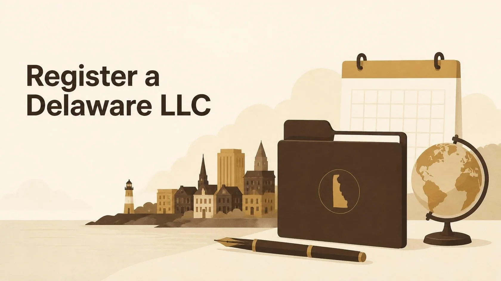 Formation folder, globe and calendar beside a coastal city illustration representing Delaware LLC registration.