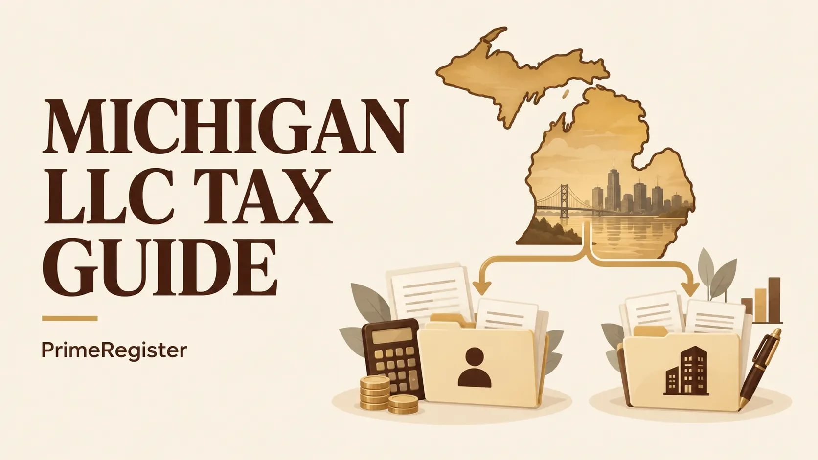 A Michigan outline with tax-classification branches leading to owner and entity filing folders.