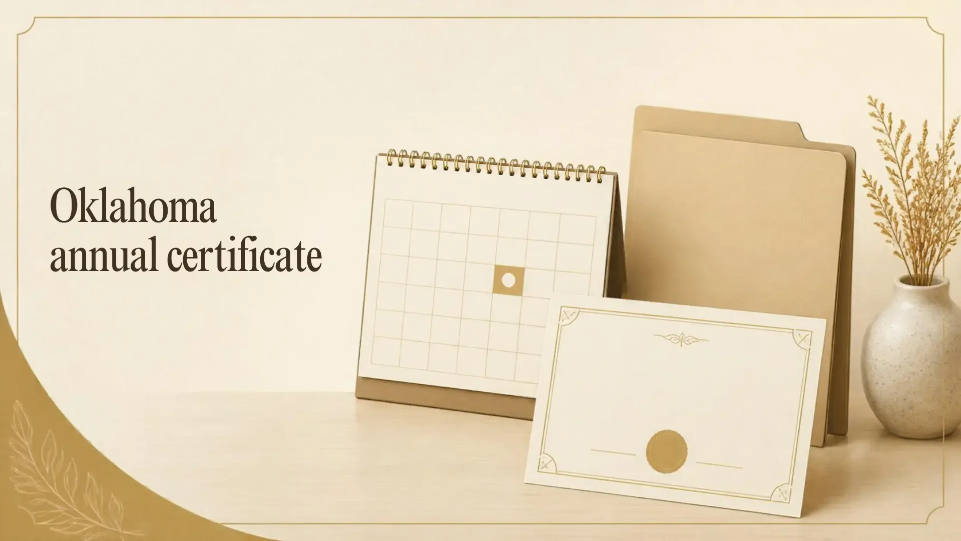Calendar with a highlighted anniversary day beside an illustrated certificate and company folder.