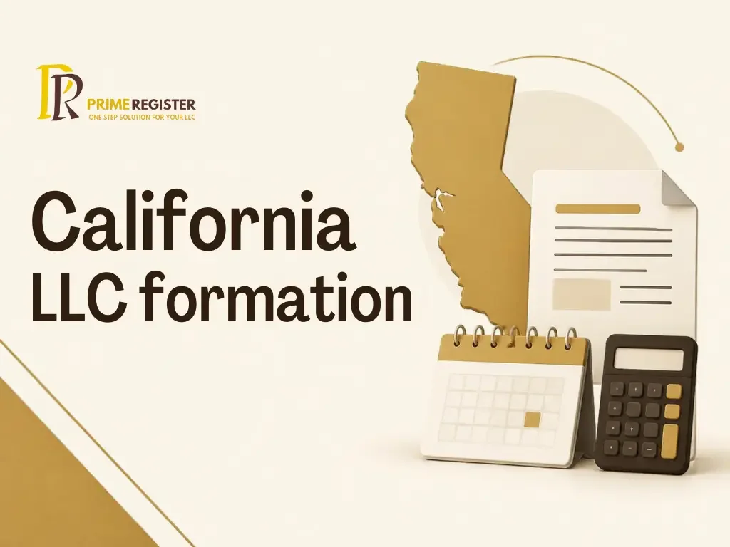 A California map silhouette beside three distinct document, calendar and calculator objects.