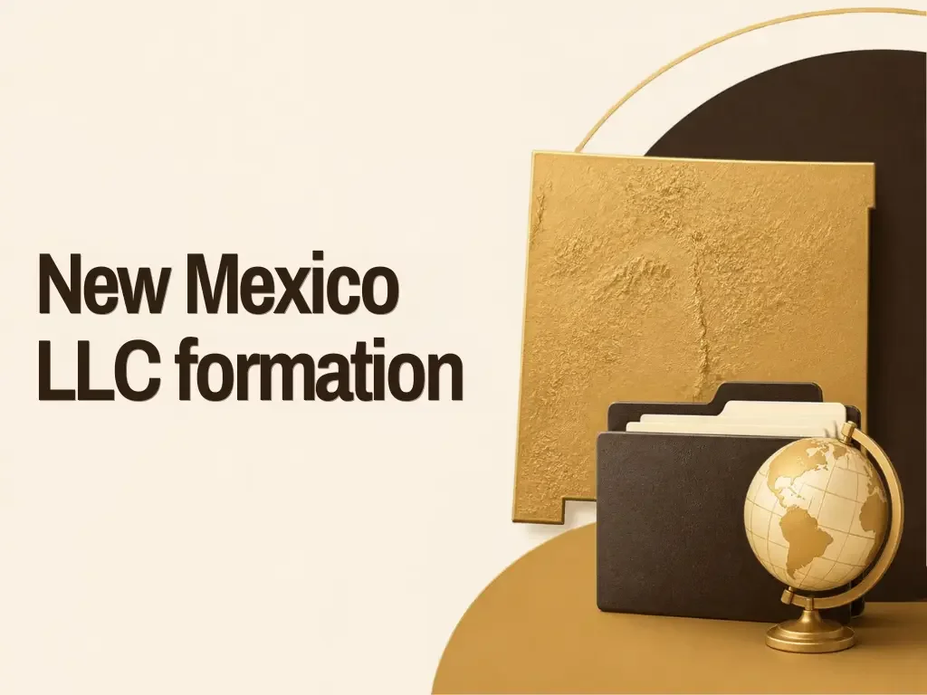 A New Mexico map silhouette beside a company folder and a small globe.