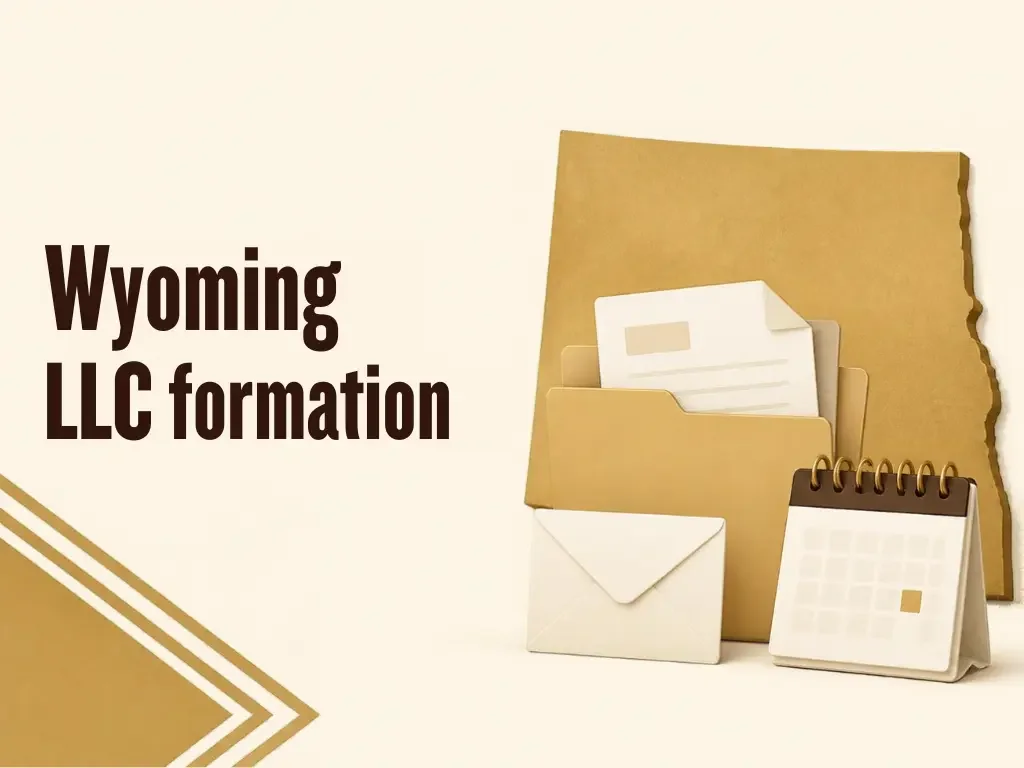 A Wyoming map silhouette with an open folder, envelope and calendar.