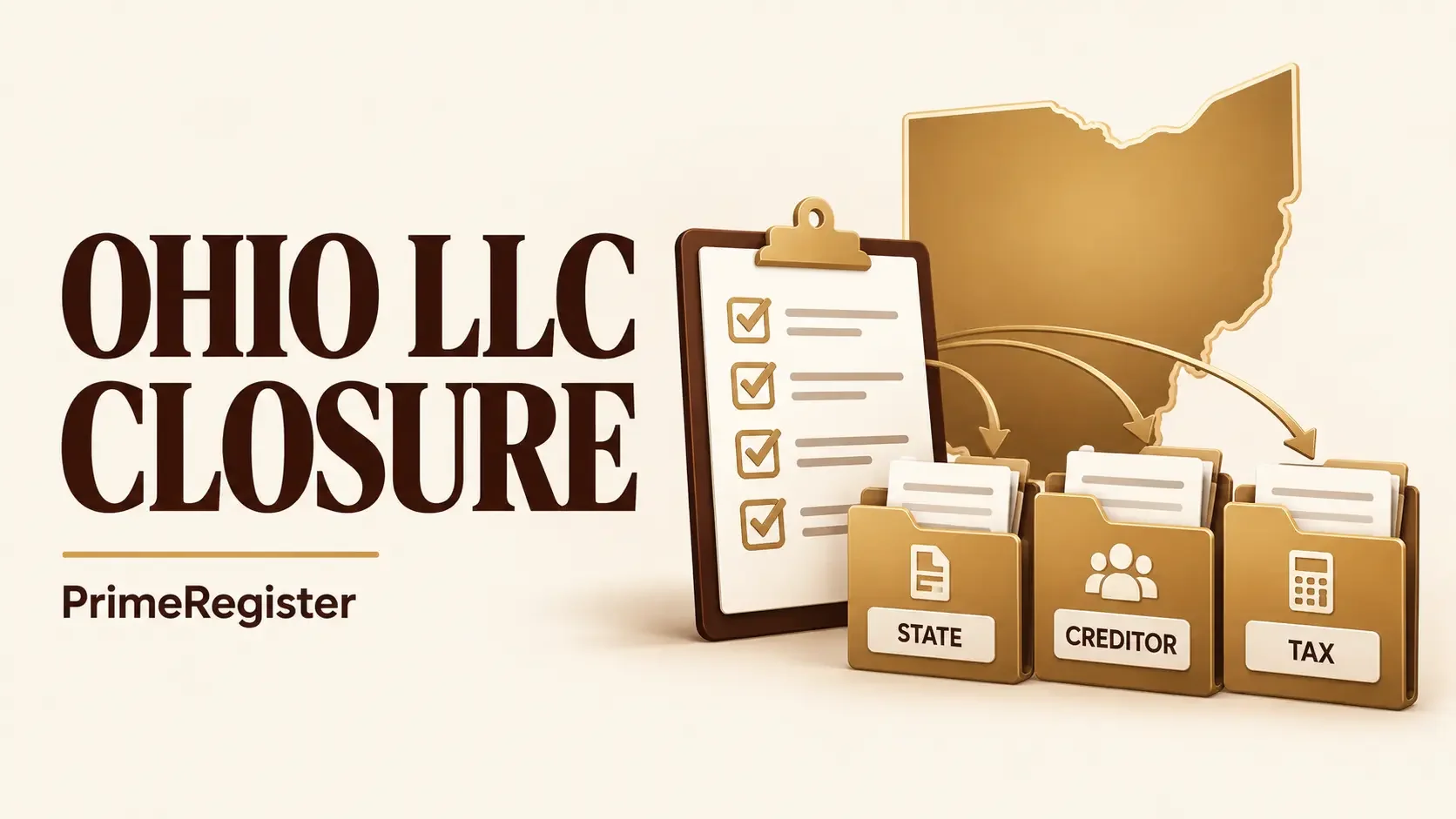 An Ohio outline beside a closure checklist with separate state, creditor and tax folders.