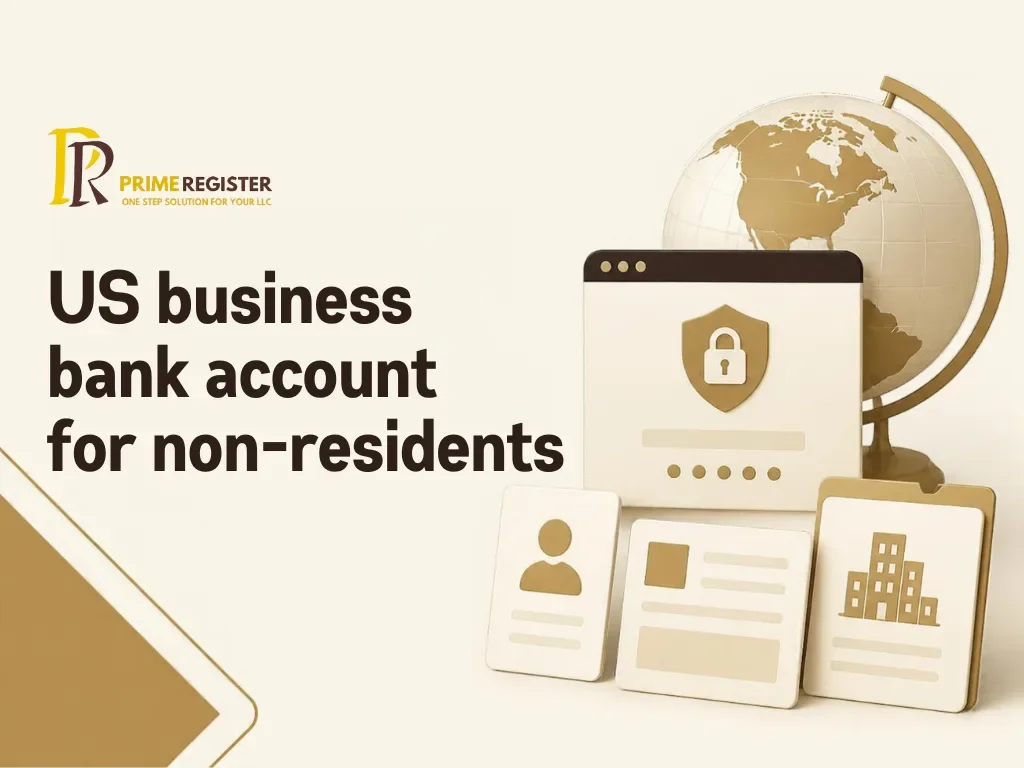 A globe, secure account window and neatly arranged identity and company document cards.