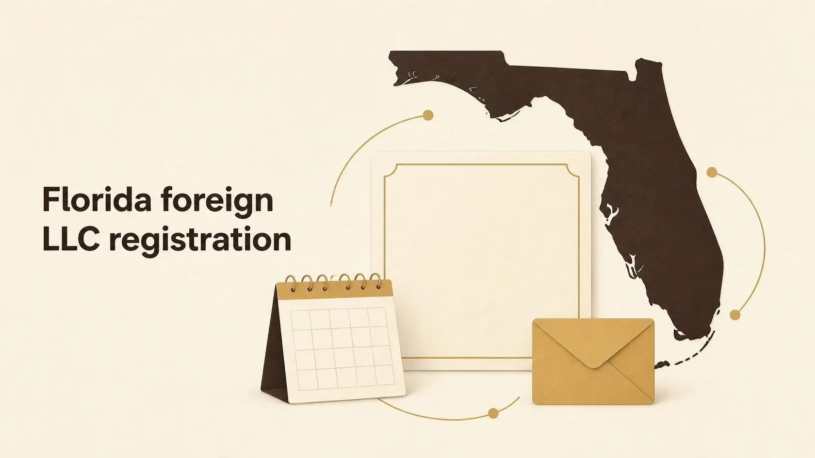 Florida map outline with a certificate, calendar and registered agent envelope.