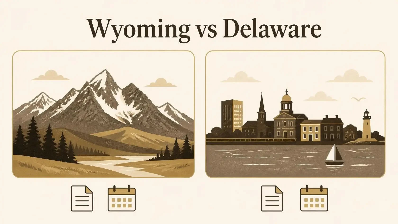 Side-by-side mountain and coastal city illustrations representing a comparison of Wyoming and Delaware LLCs.