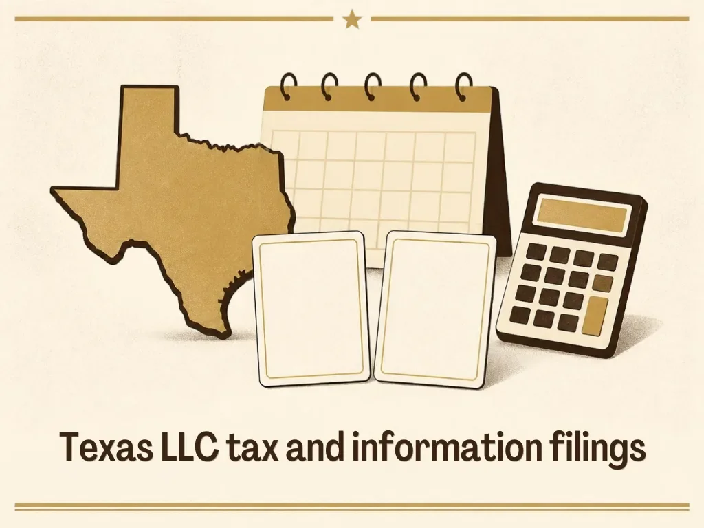Texas map outline with a calculator, calendar and two separate report cards.