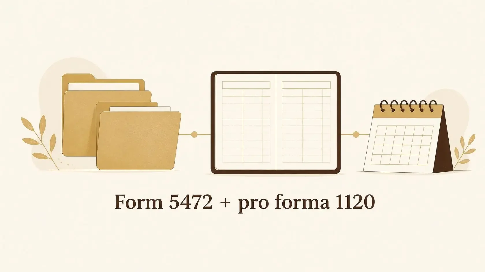 Two document folders beside a transaction ledger and calendar representing a foreign-owned LLC reporting package.