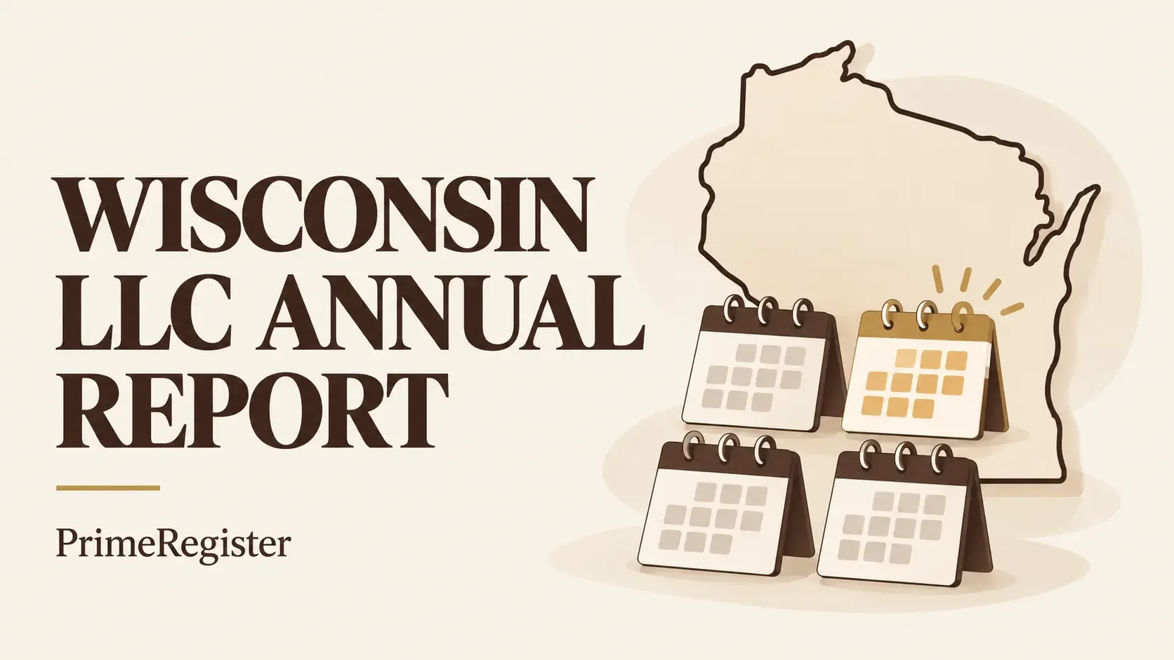 A Wisconsin outline with four quarterly calendar cards and a highlighted anniversary quarter.