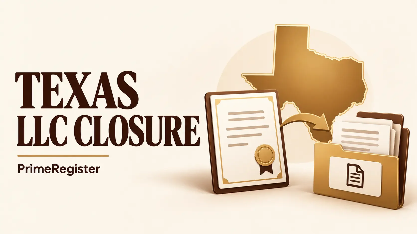 A Texas outline with a Comptroller certificate connecting to a termination filing folder.